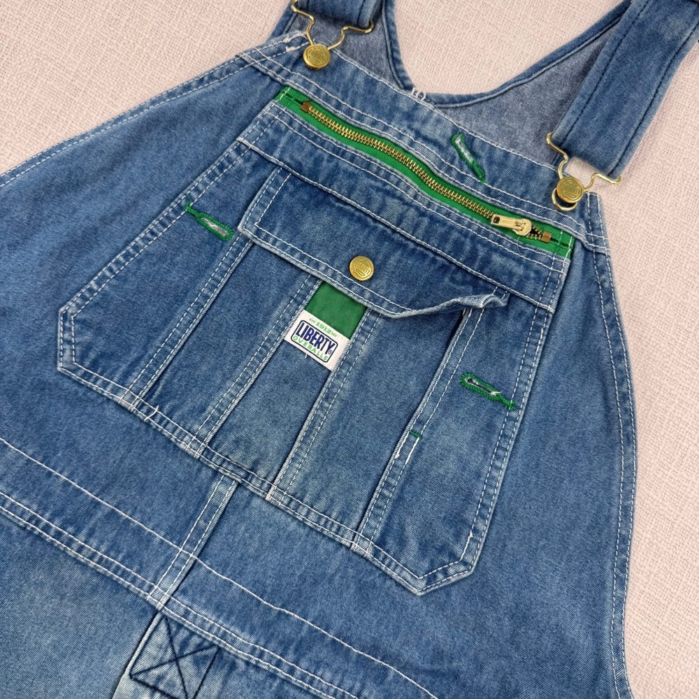 Liberty Overalls Mens 38x32 Blue Denim Bib Overalls P350617 Workwear Green Trim